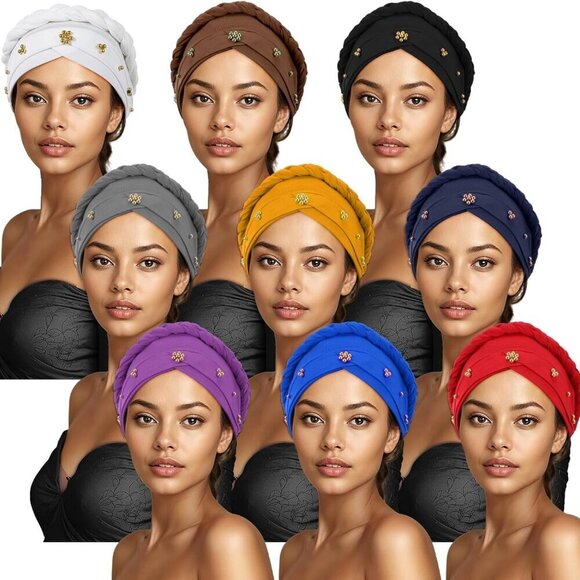 9 Pcs Women Turban Headbands Silky Fiber Faux Pearl Stretch Hair Wrap main image 7
